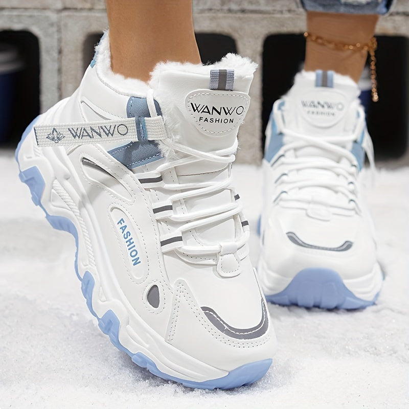 Botas de Nieve de Vellón Acogedoras para Mujer – Zapatos de Invierno Blancos y Azules con Suela Gruesa Antideslizante