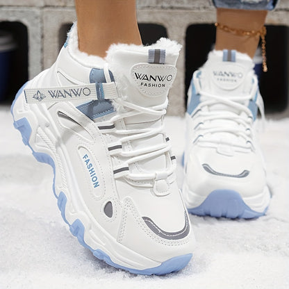 Botas de Nieve de Vellón Acogedoras para Mujer – Zapatos de Invierno Blancos y Azules con Suela Gruesa Antideslizante