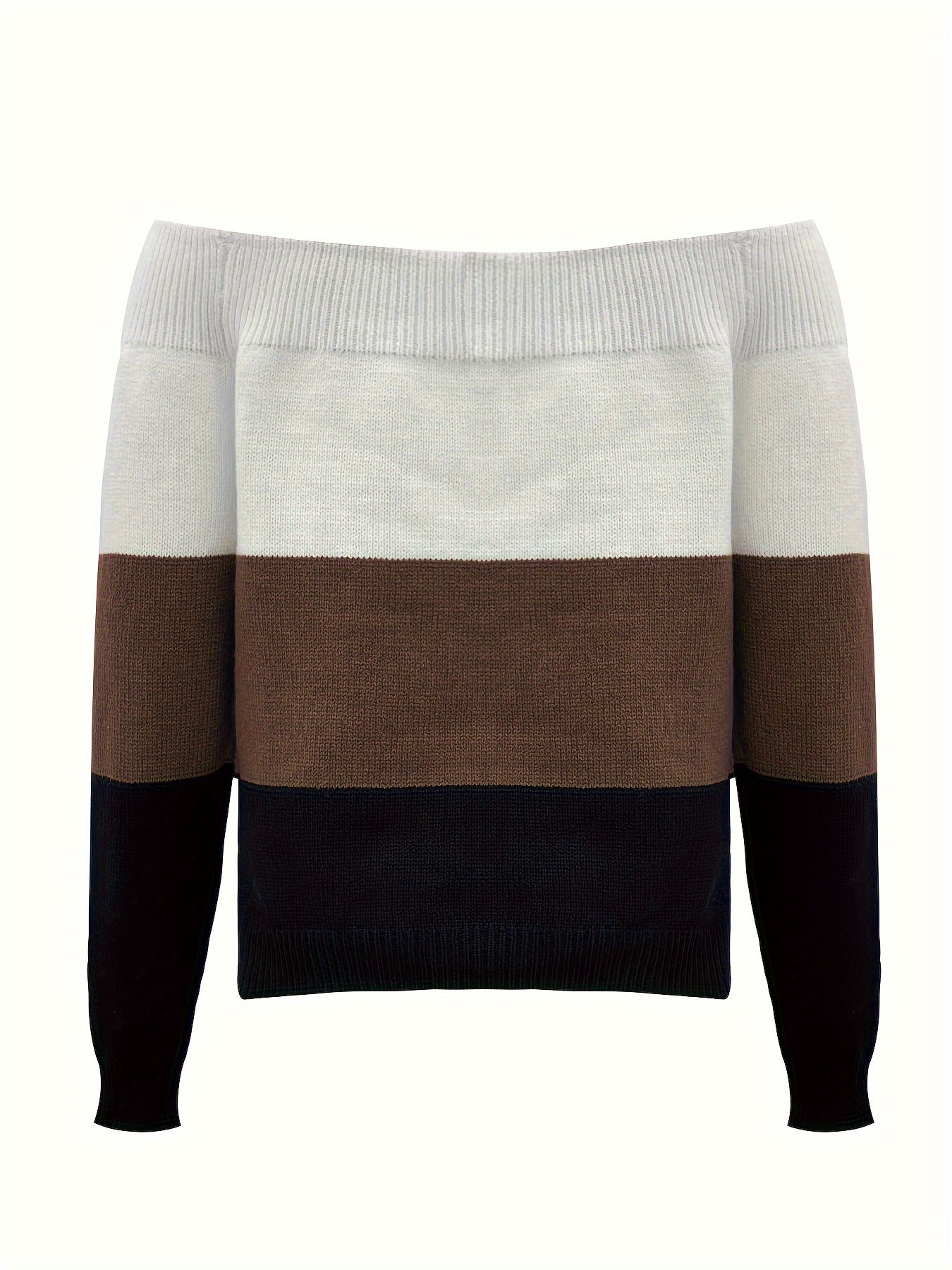 Suéter para mujer con hombros descubiertos y bloques de color – Pulóver de punto elegante para otoño