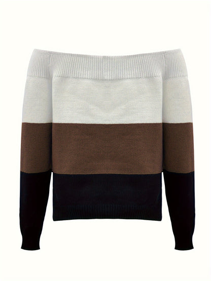 Suéter para mujer con hombros descubiertos y bloques de color – Pulóver de punto elegante para otoño