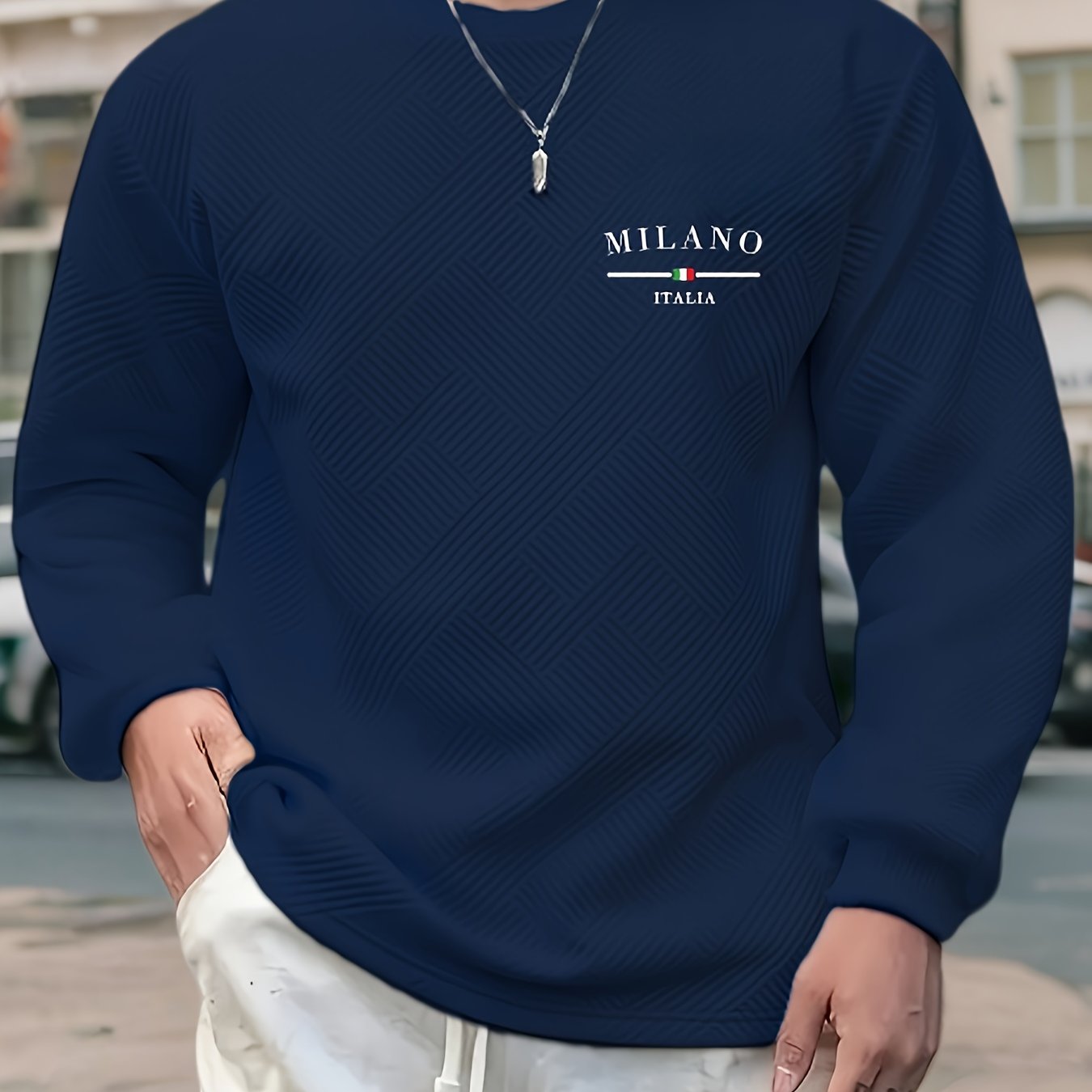 Sudadera jacquard de cuello redondo para hombre – Jersey casual de manga larga con estampado geométrico