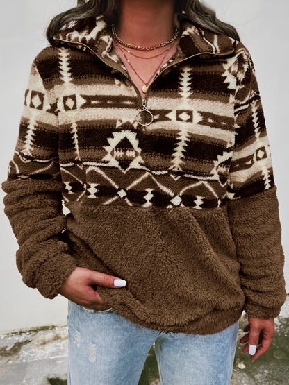 Sudadera de felpa con patrón geométrico Geo – Forro polar con media cremallera para otoño e invierno