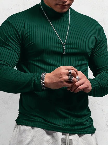 Camiseta de manga larga ajustada acanalada para hombre – Camiseta deportiva con cuello alto