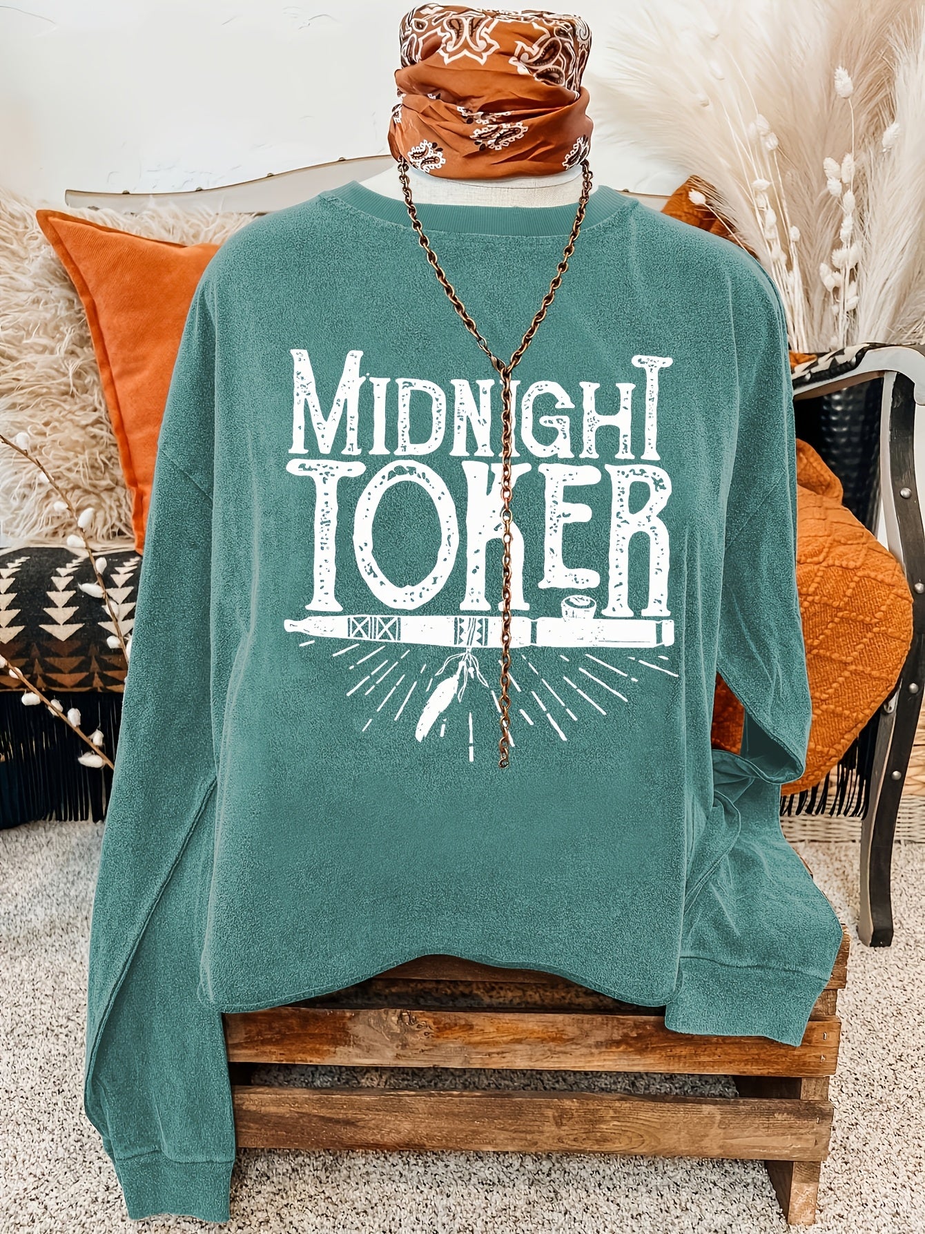 Teal Graphic Sunburst Sweatshirt – Women’s Casual Crew Neck Pullover