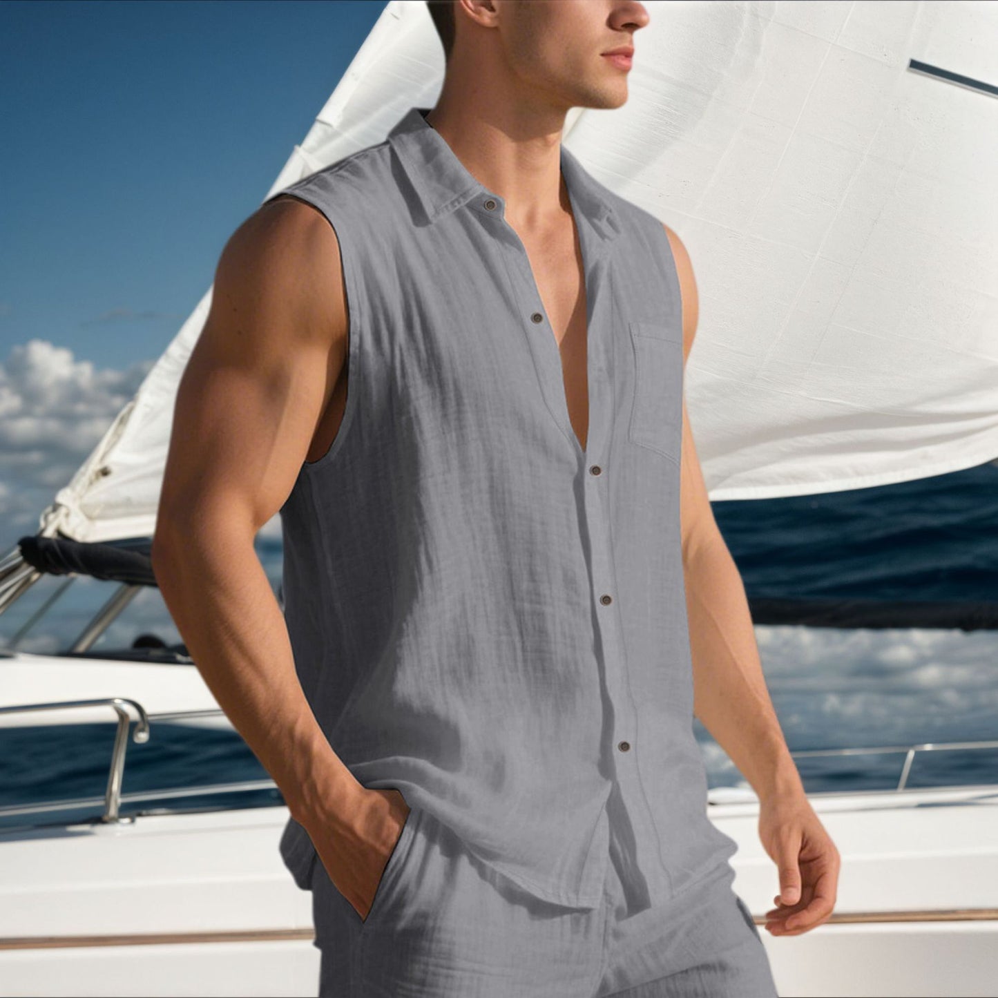 Men’s Linen Sleeveless Shirt – Open Lapel Summer Layer