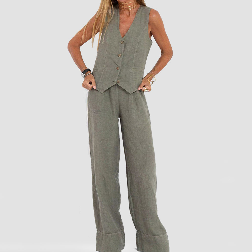 Conjunto de Chaleco y Pantalón de Lino y Algodón Loom & Soul™ para Mujer – Top sin Mangas con Cuello en V y Pantalones Rectos Sueltos