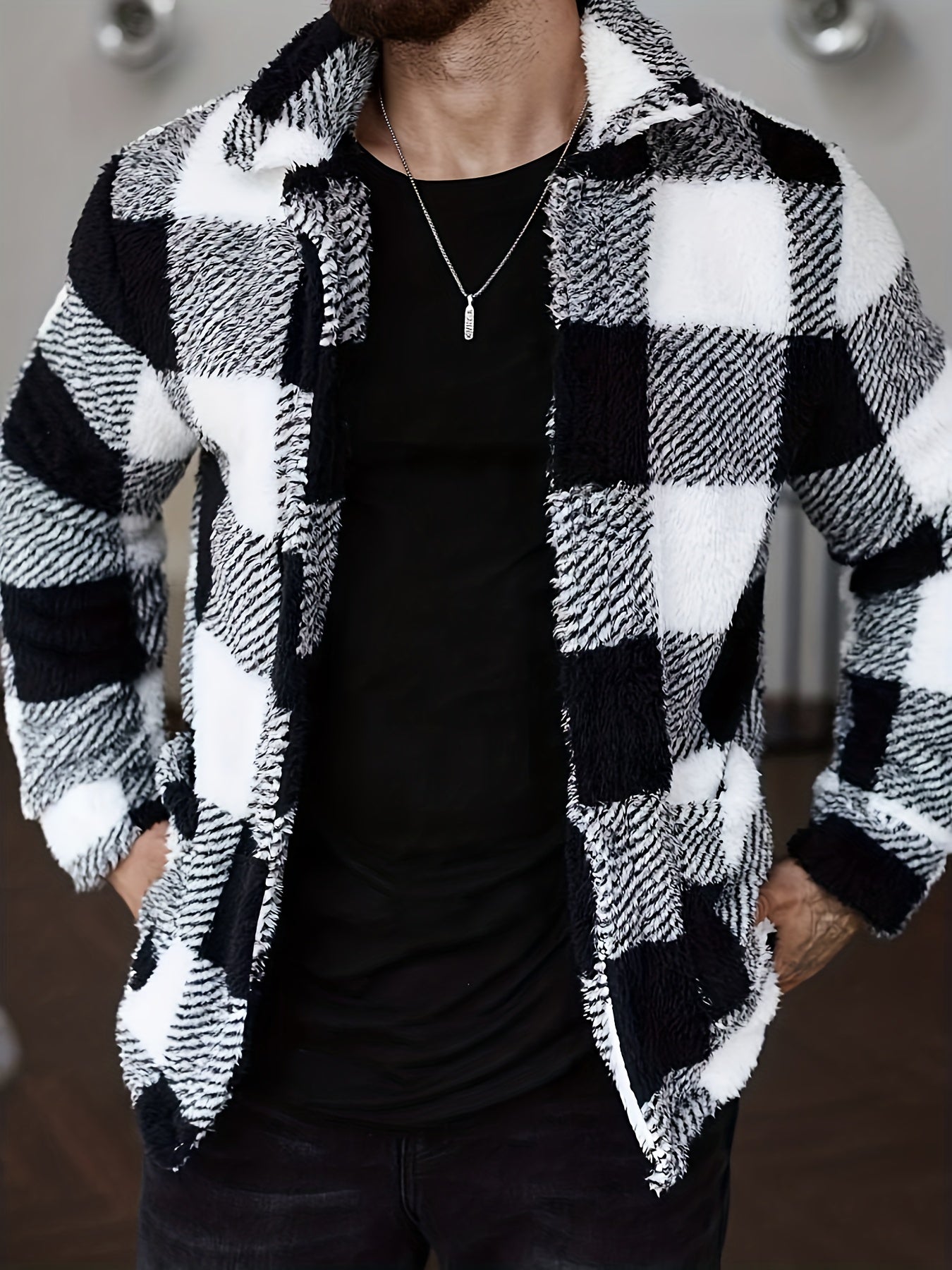 Men’s Black & White Plaid Fleece Jacket – Cozy Winter Overshirt