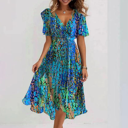 Loom & Soul™ Vestido floral de chifón – Vestido midi elegante de verano con cuello en V y manga corta para mujer