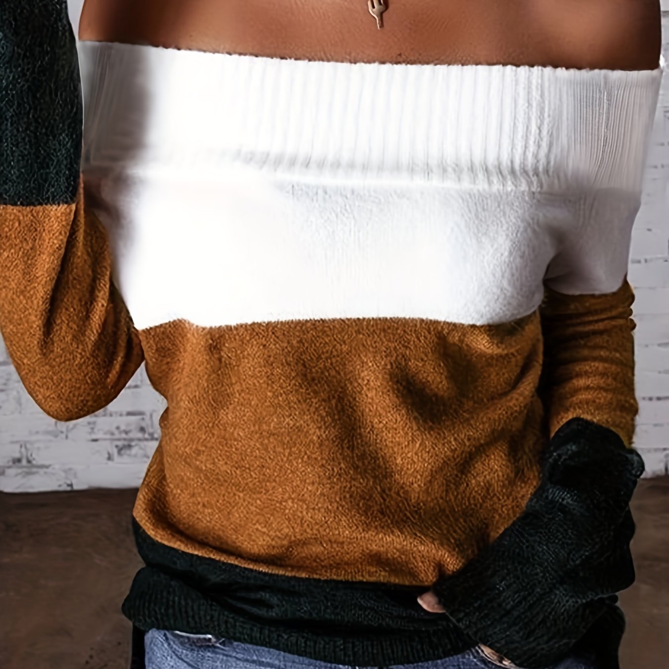 Suéter para mujer con hombros descubiertos y bloques de color – Pulóver de punto elegante para otoño