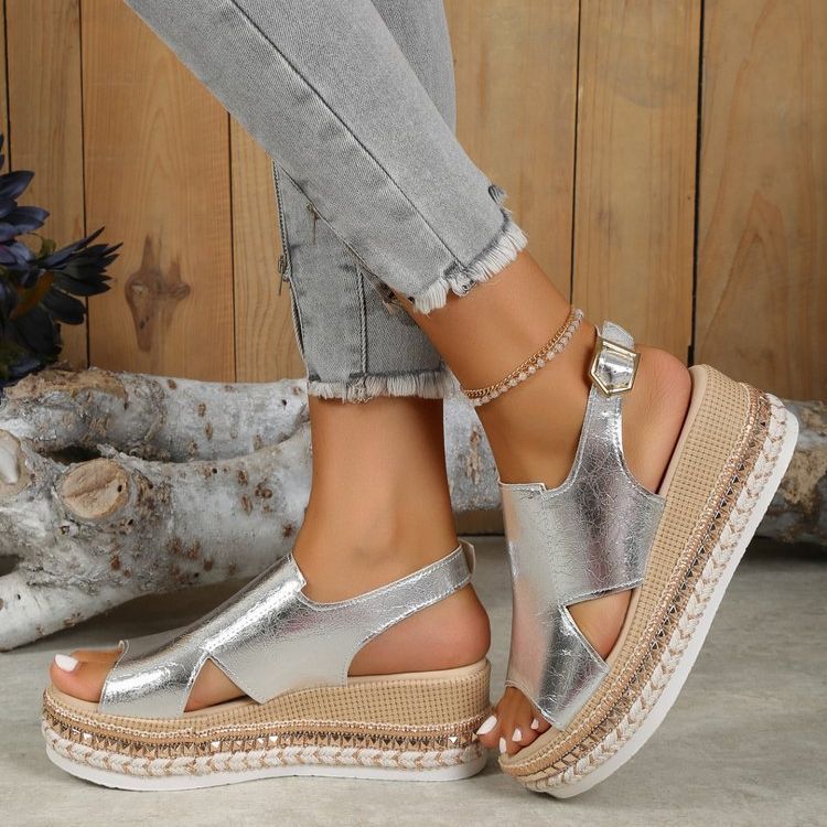 Loom & Soul™ Sandalias de cuña brillantes – Sandalias de mujer con boca de pescado hueca y hebilla