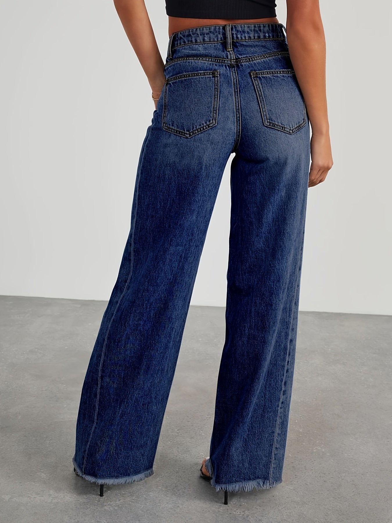 Pantalones vaqueros de mujer de talle alto y pernera ancha – Vaqueros elásticos informales holgados