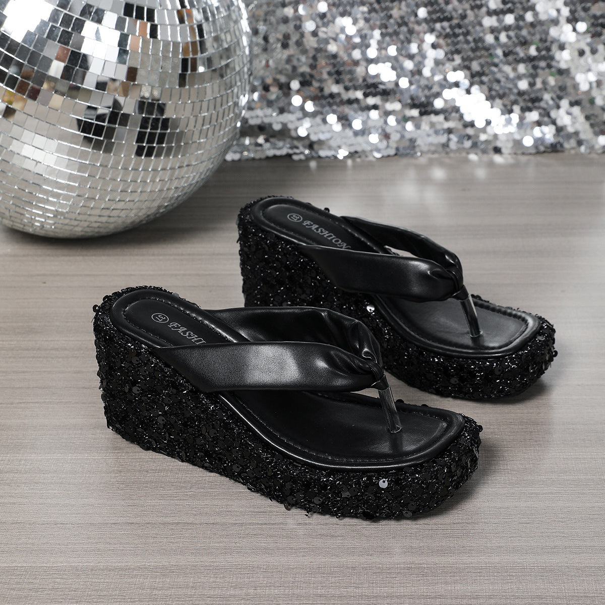 Loom & Soul™ Sandalias de cuña con lentejuelas – Plataforma de tacón alto para mujer, chanclas de verano para playa