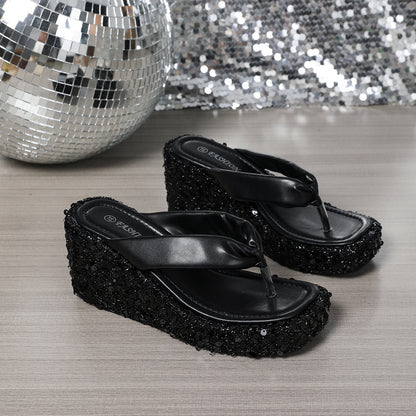 Loom & Soul™ Sandalias de cuña con lentejuelas – Plataforma de tacón alto para mujer, chanclas de verano para playa