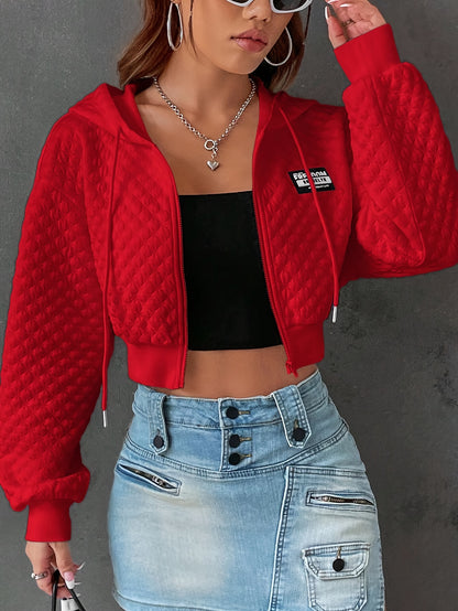 Sudadera con capucha elegante con letras para mujer – Jersey corto de calle rojo y negro