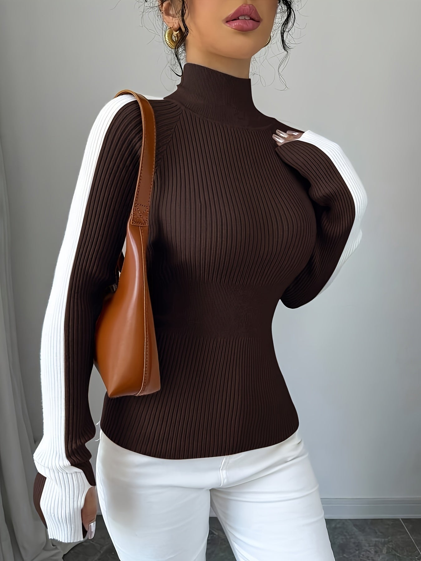 Suéter de cuello alto color block para mujer - Blusa elegante de punto suave
