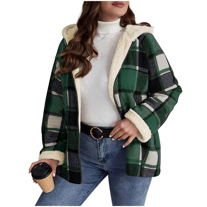 Abrigo de mujer con capucha forrado de forro polar a cuadros – Calidez retro