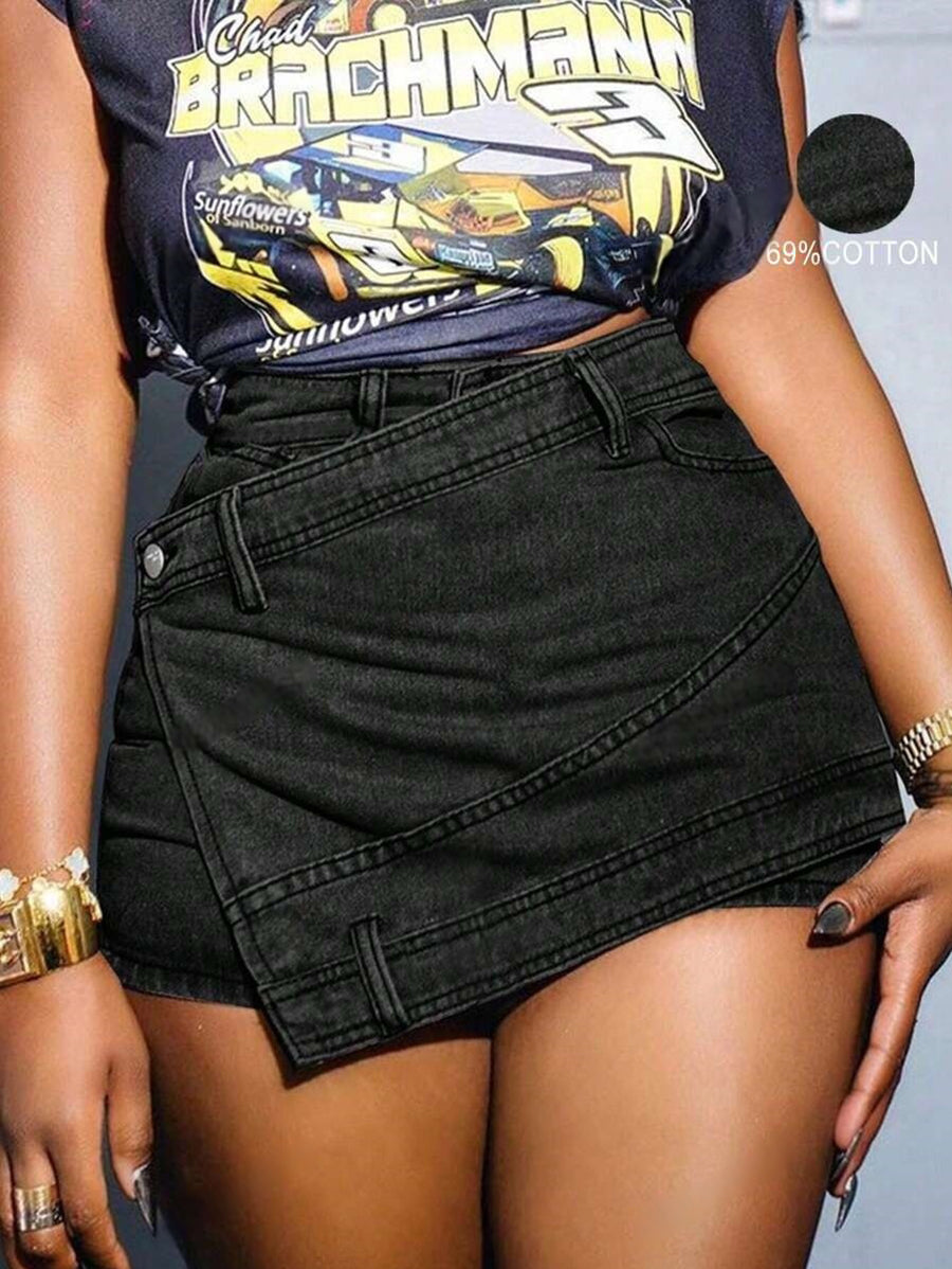 Women’s Grunge Denim Skort – Asymmetric Wrap A-Line Streetwear