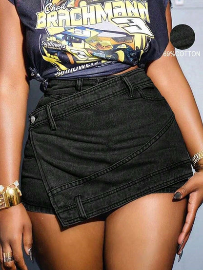 Women’s Grunge Denim Skort – Asymmetric Wrap A-Line Streetwear