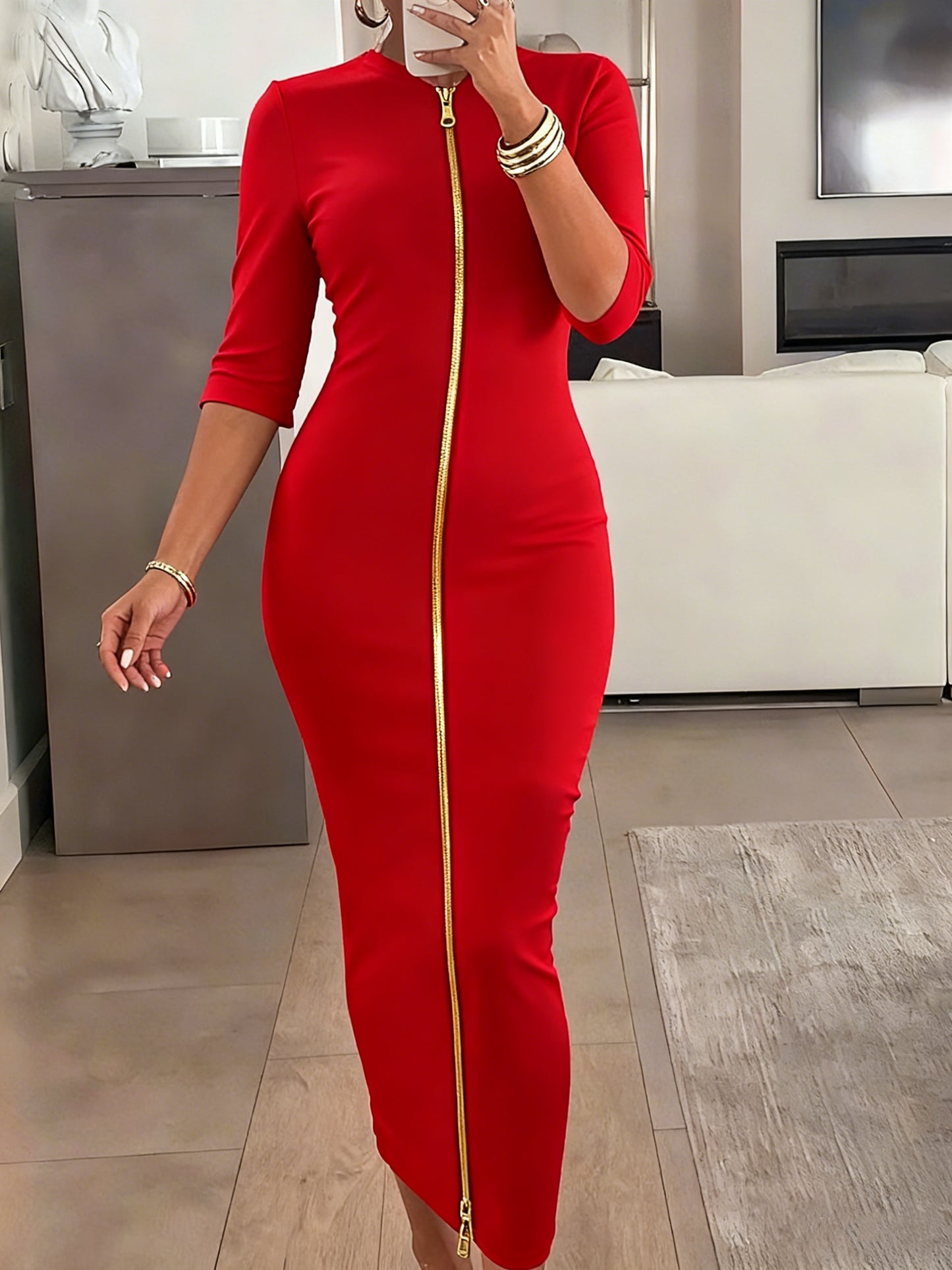 Vestido midi ajustado con cuello barco – Vestido elegante de manga corta con corte entallado