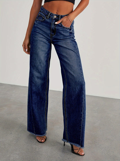 Pantalones vaqueros de mujer de talle alto y pernera ancha – Vaqueros elásticos informales holgados