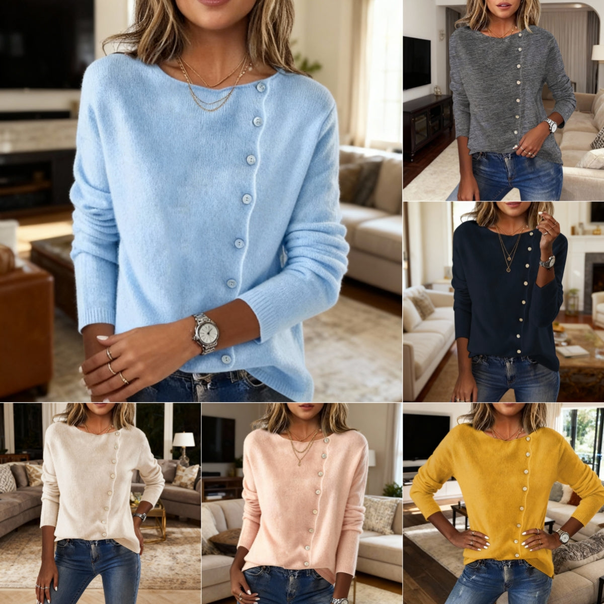 Suéter elegante con botones para mujer - Top de punto de manga larga con cuello redondo