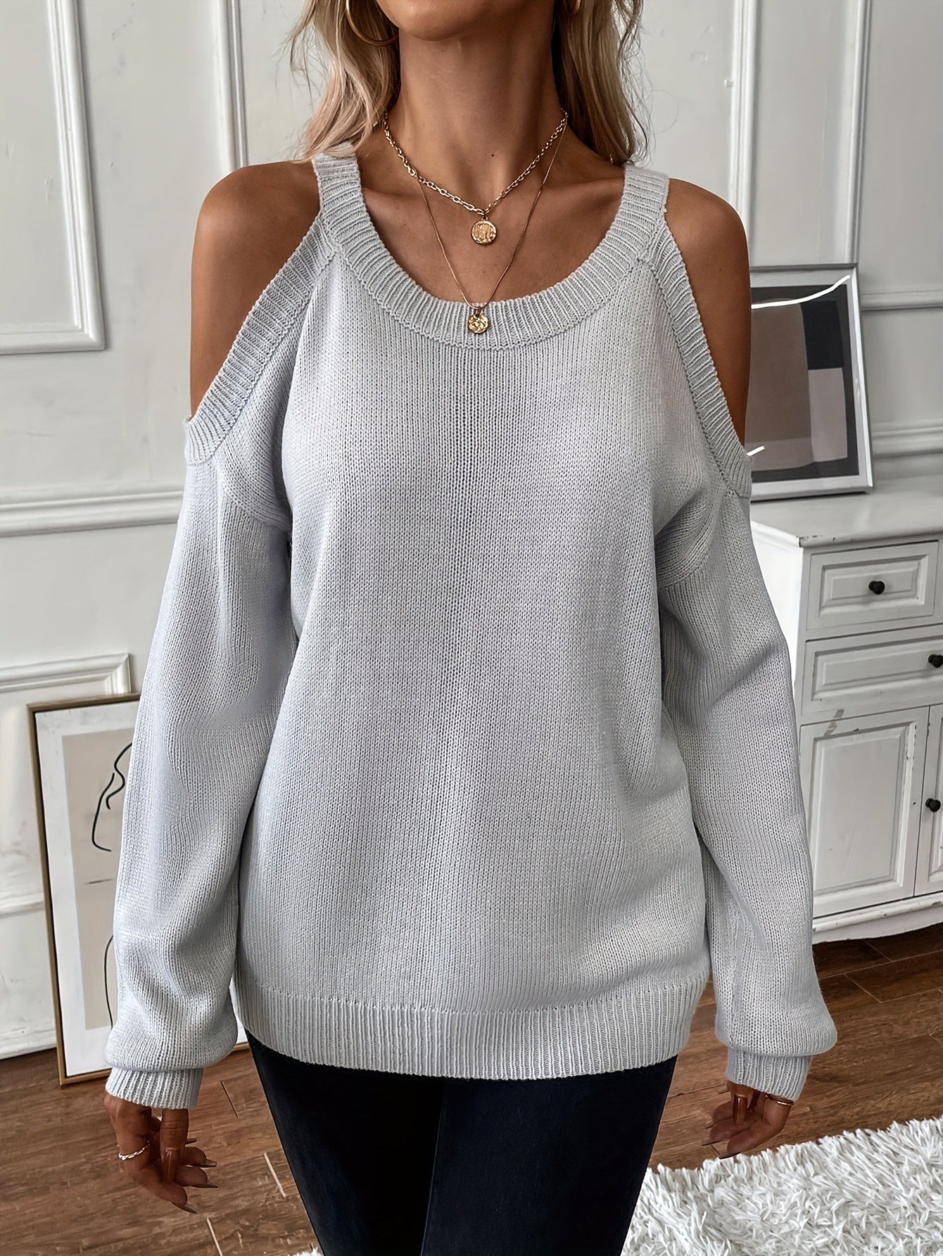 Suéter de punto suave para otoño/invierno con cuello redondo elegante para mujer