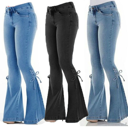 Loom & Soul™ Jeans elásticos de talle medio – Pantalones vaqueros ajustados desgastados para mujer