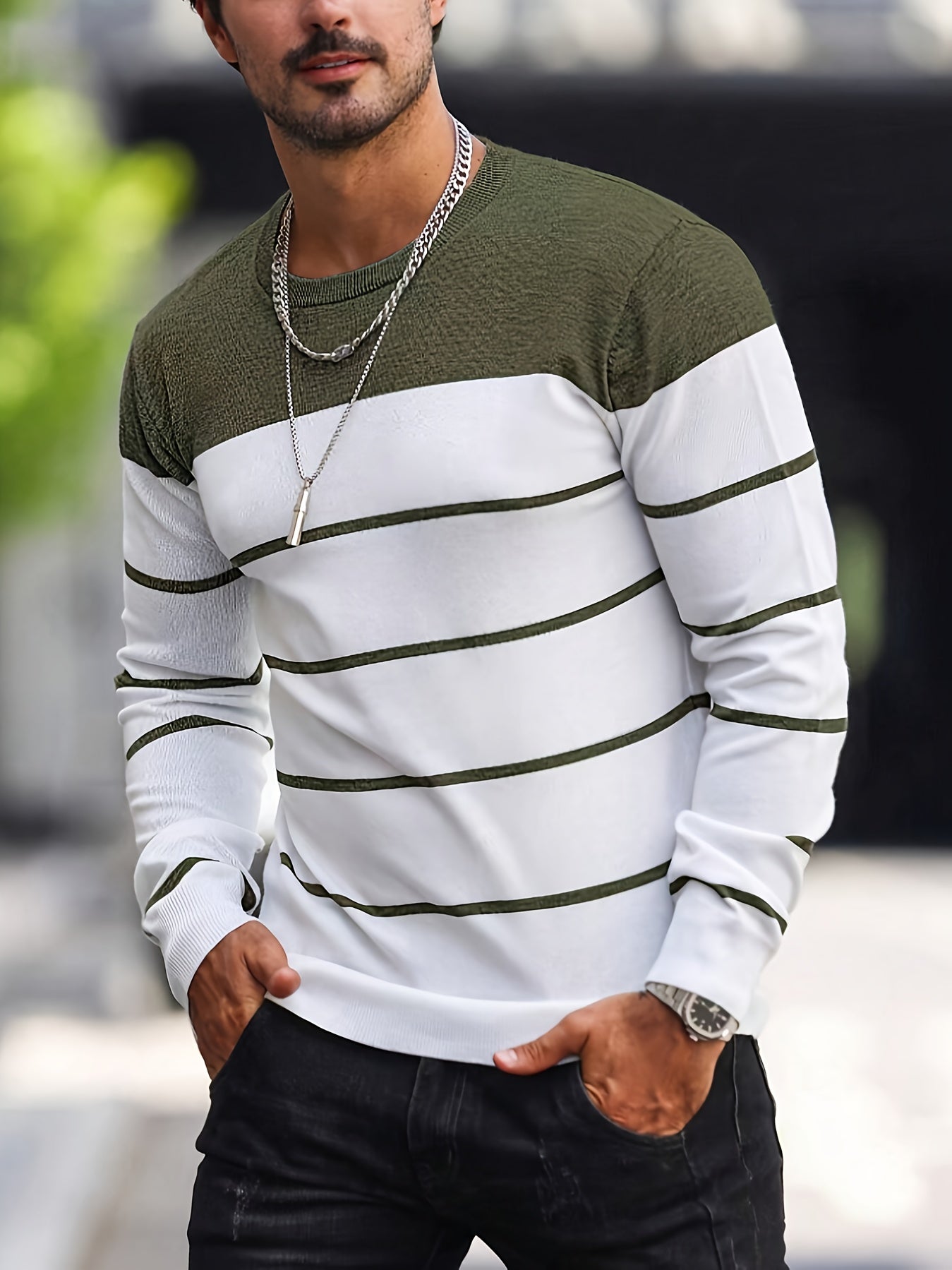 Suéter de punto a rayas azul marino para hombre – Sudadera informal de cuello redondo