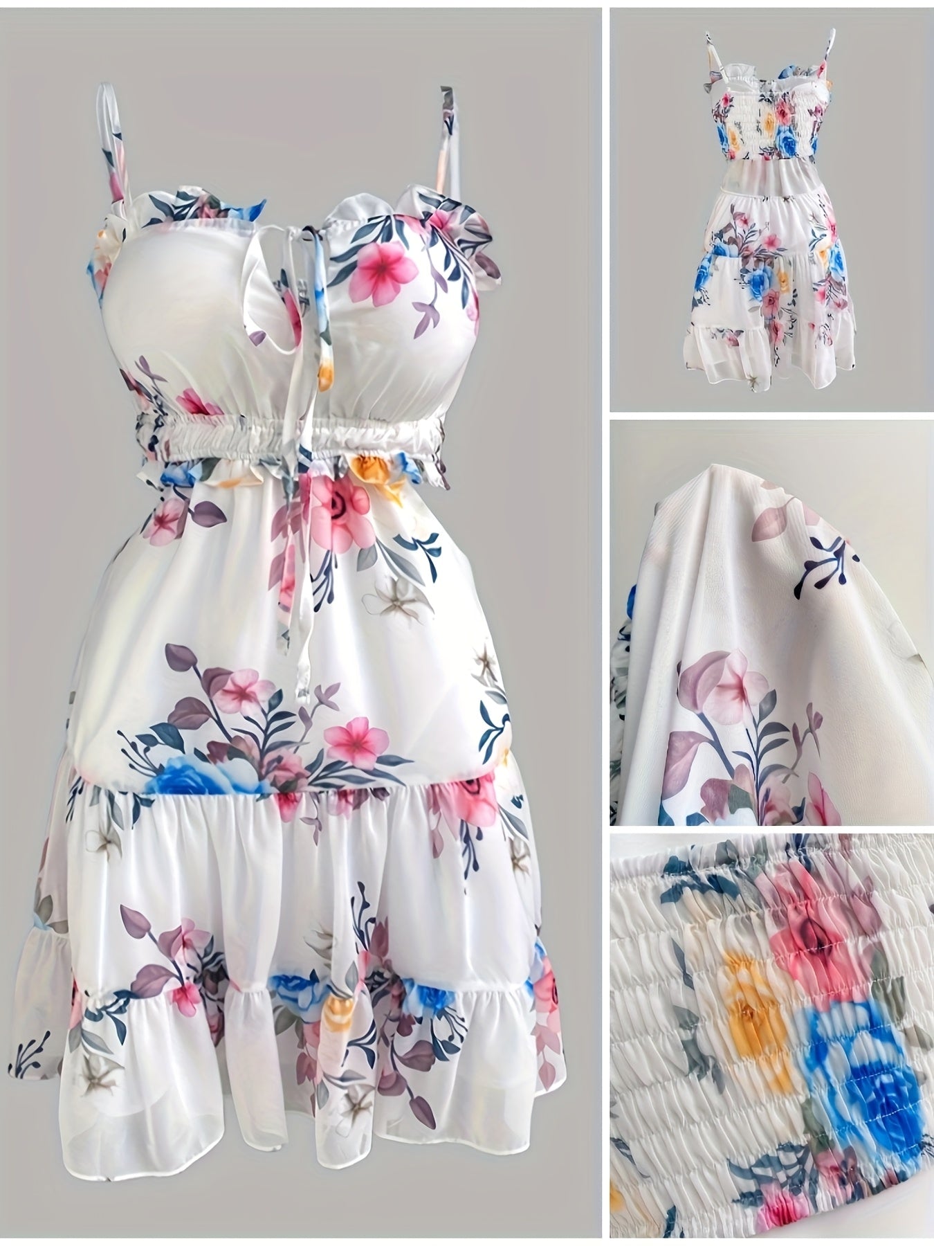 Minivestido fruncido floral con hombros descubiertos – Estilo playero con tirantes finos