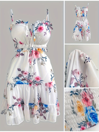 Minivestido fruncido floral con hombros descubiertos – Estilo playero con tirantes finos