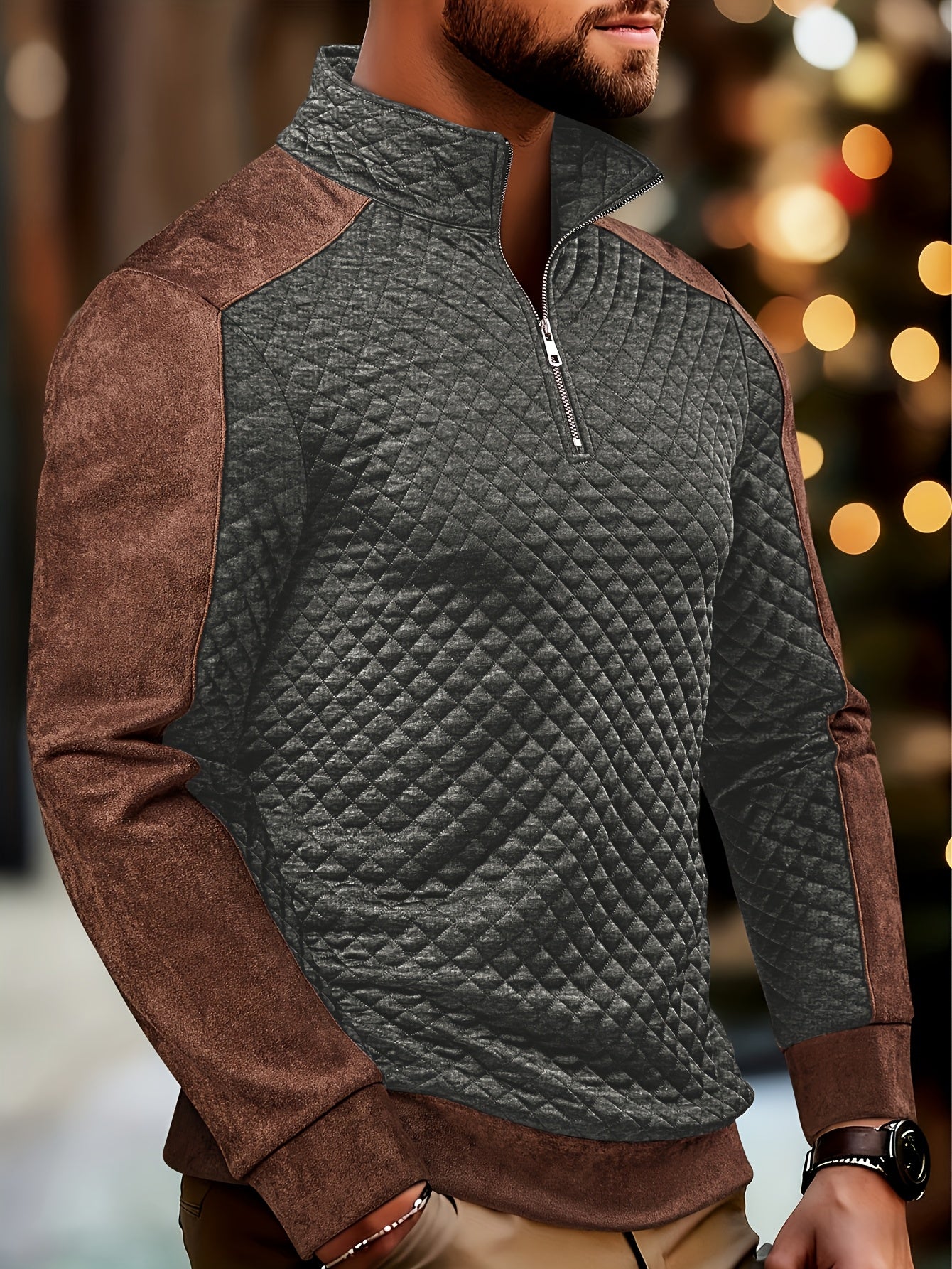 Henley de punto de rombos con cremallera para hombre – Suéter con bloques de color texturizado