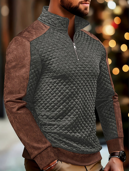 Henley de punto de rombos con cremallera para hombre – Suéter con bloques de color texturizado