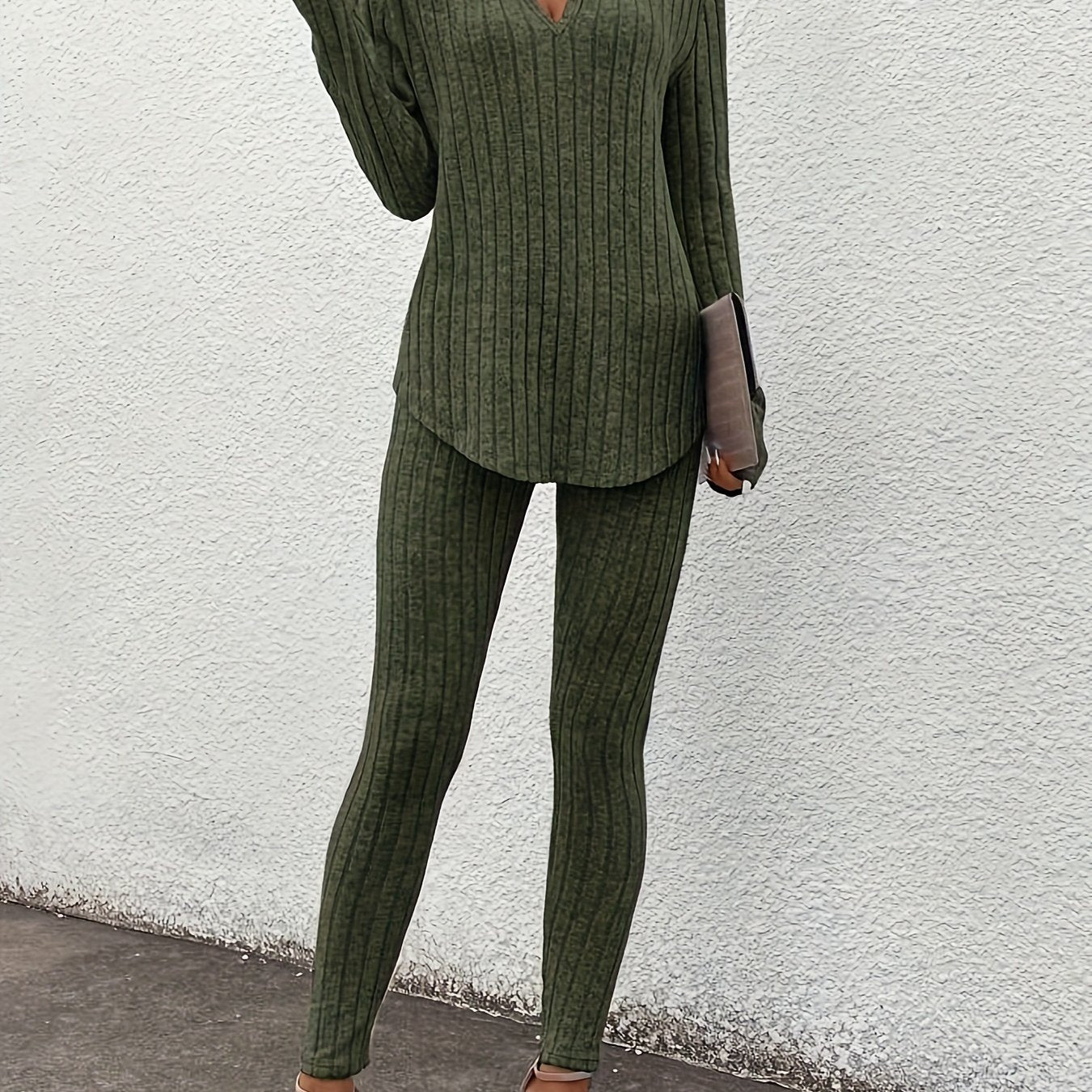 Ribbed Slim Fit Suit – Women’s V-Neck Long Sleeve Top & Pants Set