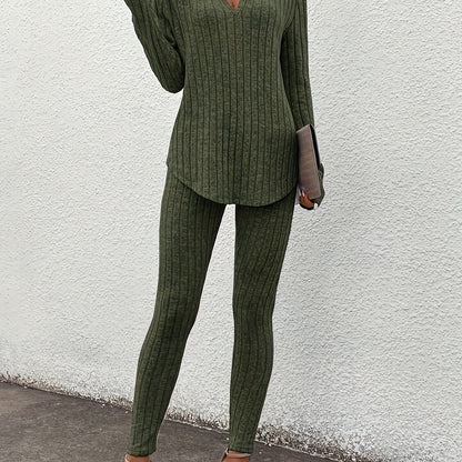 Ribbed Slim Fit Suit – Women’s V-Neck Long Sleeve Top & Pants Set