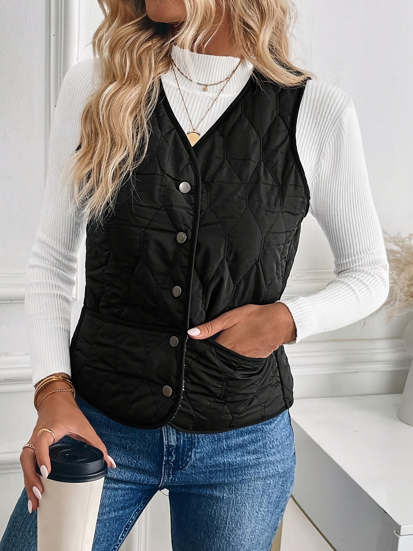 Gilet d'hiver zippé doublé chaud pour femme – Vêtement d'extérieur doux à col en V