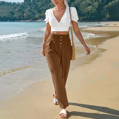 Pantalon décontracté taille haute Loom & Soul pour femme – Pantalon droit en coton et lin pour un confort au quotidien