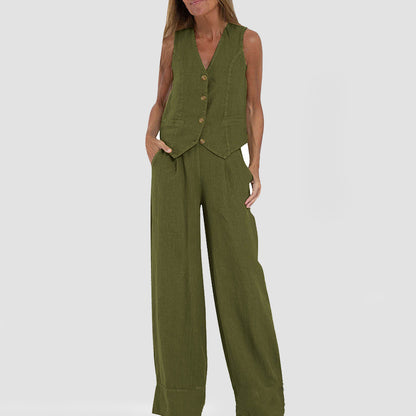 Conjunto de Chaleco y Pantalón de Lino y Algodón Loom & Soul™ para Mujer – Top sin Mangas con Cuello en V y Pantalones Rectos Sueltos