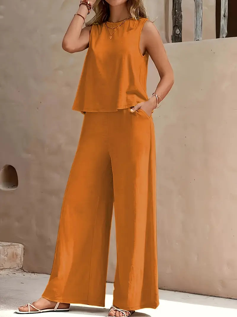 Conjunto de lino de dos piezas para mujer – Top sin mangas y pantalón holgado