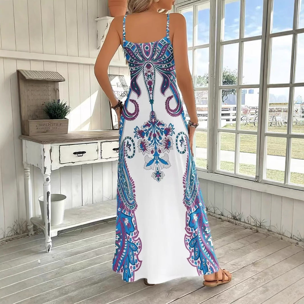 Vestido maxi estampado sin mangas con cuello en V – Vestido retro artístico con tirantes