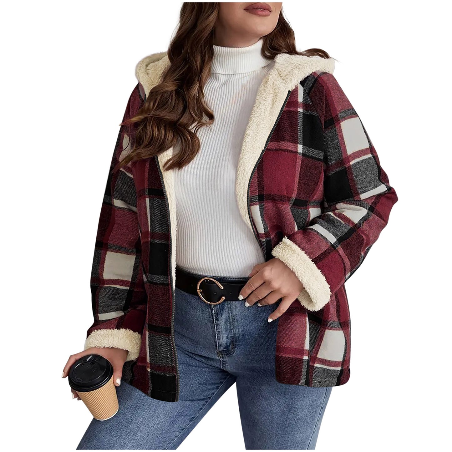 Abrigo de mujer con capucha forrado de forro polar a cuadros – Calidez retro