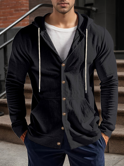 Chemise à Capuche à Manches Longues en Lin pour Homme – Décontractée Boutonnée avec Poche