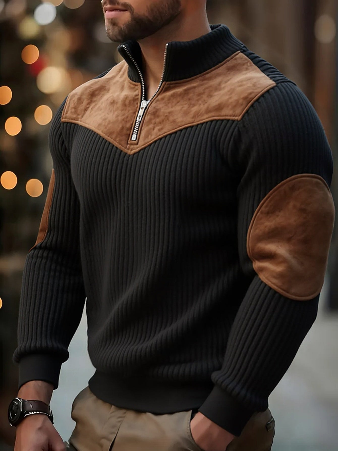Jersey retro de cuello alto y media cremallera para hombre – Cálido y de canalé