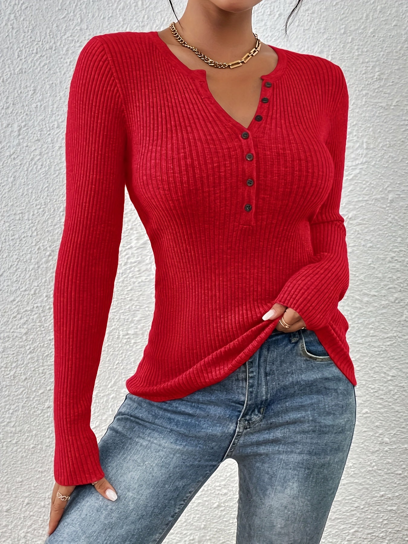Elegant V-Neck Button Sweater – Women’s Soft Long Sleeve Fall/Winter Knit
