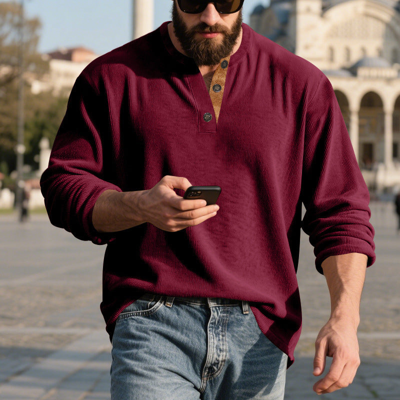Camisa Henley de pana retro para hombre – Manga larga ajuste holgado