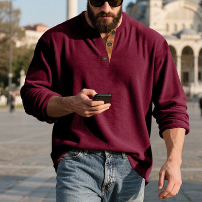Camisa Henley de pana retro para hombre – Manga larga ajuste holgado