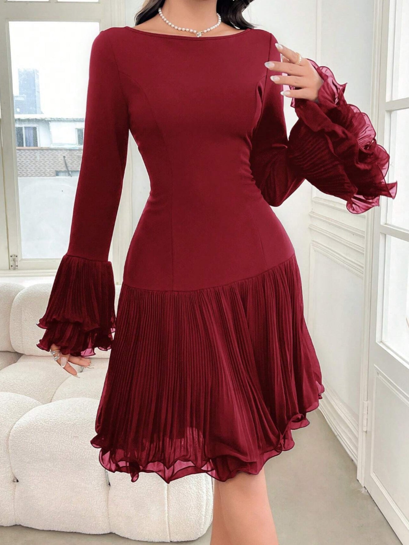 Burgundy Bardot Ruffle Dress – Elegant Vintage Party Midi Dress