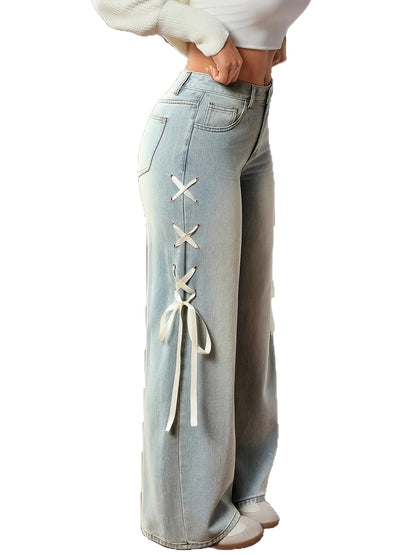 Women’s Bow-Tie Straight Jeans – High Waist Relaxed Wide-Leg Denim