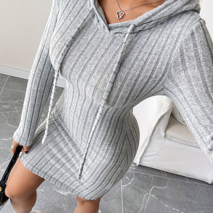 Vestido bodycon acanalado con capucha para mujer – Lazo ajustable, manga larga, corte lápiz