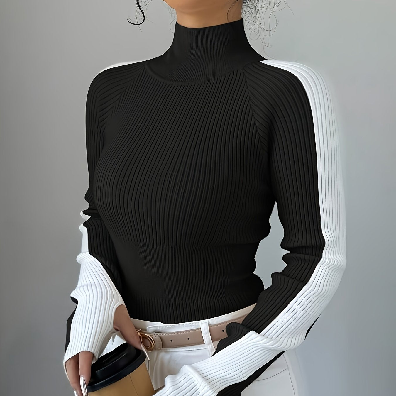 Suéter de cuello alto color block para mujer - Blusa elegante de punto suave