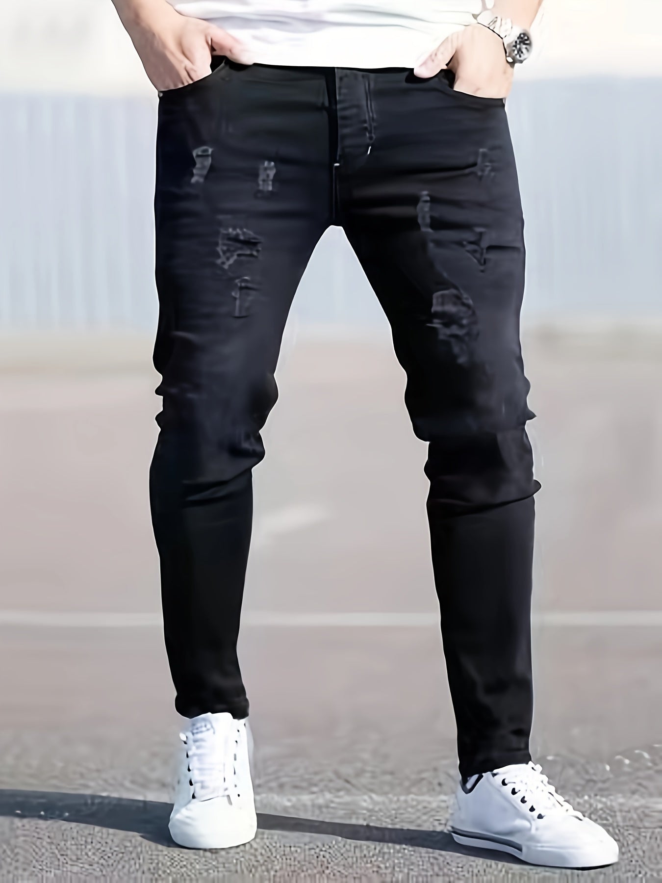 Vaqueros pitillo negros desgastados para hombre – Tejido elástico rasgado para todas las estaciones